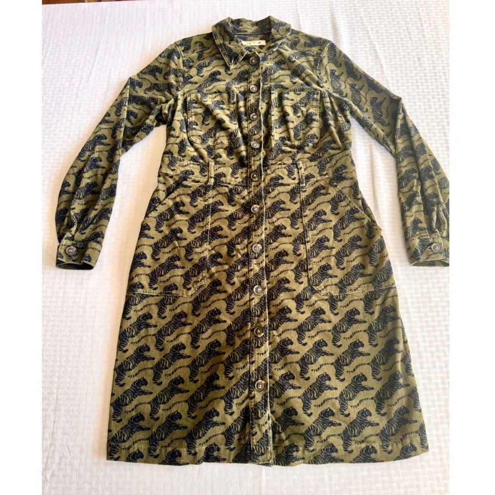 Boden Tiger Print Corduroy Shirt Dress Olive Green Navy US 10L Long Sleeve